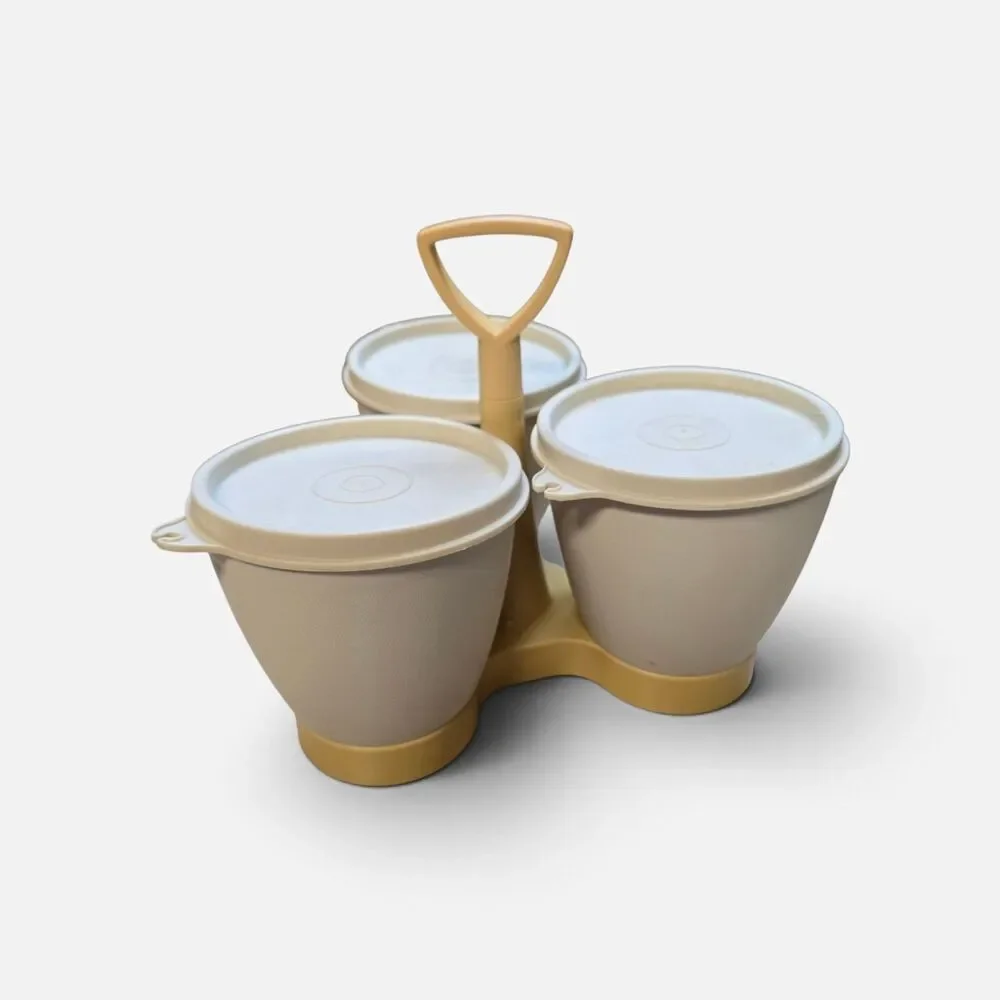 VTG Tupperware Condiment Relish Caddy Set Yellow Base with Cups and Lids